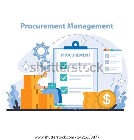 Procurement Management concept. Detailed view of strategic sourcing and cost management in the procurement process. Highlights the importance of technology in optimizing purchasing.