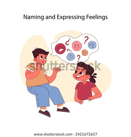 Naming and expressing feelings concept. Concerned boy discusses his emotions with smiling girl, smiley faces floating above. Emotional intelligence, empathy, communication. Flat vector illustration