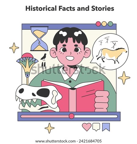 Historical Facts and Stories concept. Discovering the past through engaging visuals of artifacts and timelines. Educational journey in history. Flat vector illustration.