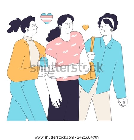 Gender transition positive experience. Trans woman passing. Joyful trans woman enjoying a day out with female friends. Acceptance and support. Flat vector illustration.