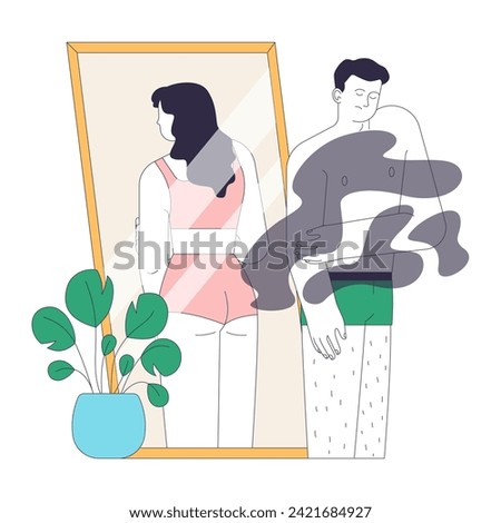 Gender transition. Gender dysphoria. Trans woman standing by the mirror, reflecting a true gender identity. Flat vector illustration