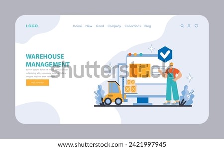 Warehouse Management web or landing page. Showcases organized inventory storage and effective use of monitoring systems for accuracy. Focuses on streamlined warehouse operations with technology.