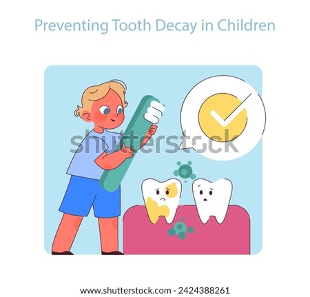 Preventing Tooth Decay in Children. A brave young child combats cavities with a giant toothbrush, symbolizing early dental care and oral hygiene education.