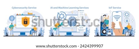 Technology and Innovation set. Robust cybersecurity measures, cutting-edge AI and machine learning, innovative IoT solutions. Enhancing digital security and smart automation. Flat vector illustration.