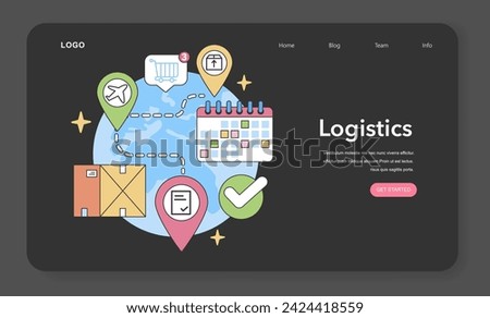 Global logistics network. Coordinated transportation management over air, land, and sea, with calendar scheduling for timely deliveries. Worldwide supply chain connectivity. Flat vector illustration