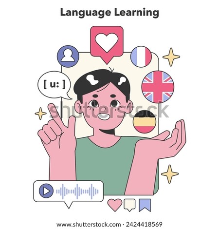 Language Learning concept. Interactive online platform for mastering multiple languages. Audio and visual tools for effective communication. Flat vector illustration