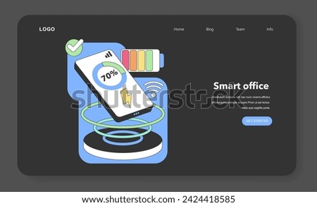 Wireless charging concept. Smartphone showcasing battery status, hovering over a charging pad, with energy symbols and colorful battery indicators. Flat vector illustration.