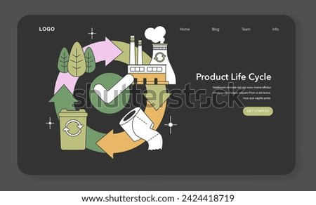 Product Life Cycle visualization. Arrows and checkmark encircle production to recycling, emphasizing sustainable product journeys. Flat vector illustration