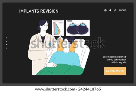 Gender transition web or landing. Gender-affirming breast augmentation. Trans woman discusses breast implant revision surgery with a surgeon. Supportive medical consultation. Flat vector illustration.