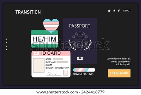 Gender transition web or landing. Gender identity affirmation. Empowerment of transgender man new ID and passport. Social transition. Trans rights and identity. Flat vector illustration