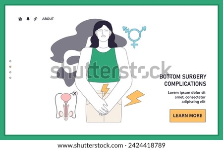 Gender transition complications web or landing. Challenges and discomfort from post bottom surgery. Complex journey of transition. Reproductive organ postoperative pain. Flat vector illustration