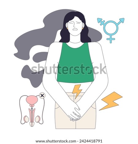 Gender transition complications. Challenges and discomfort from post bottom surgery. Complex journey of transition. Reproductive organ postoperative pain. Flat vector illustration