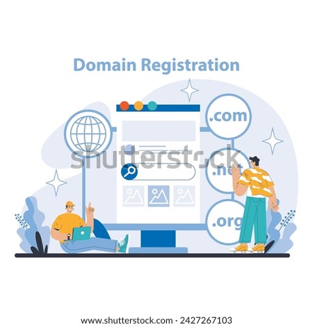 Internet services concept. Domain Registration. Simplifying the process of acquiring online domain names. A gateway to internet presence for businesses and individuals. Flat vector illustration.