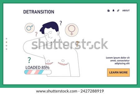 Gender transition contemplation web or landing. Character questioning their gender identity. Internal conflict and doubts, detransition experience. Flat vector illustration.