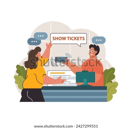 Eager concert goer purchasing music festival tickets from a cheerful vendor, anticipation and excitement palpable in their exchange. Flat vector illustration