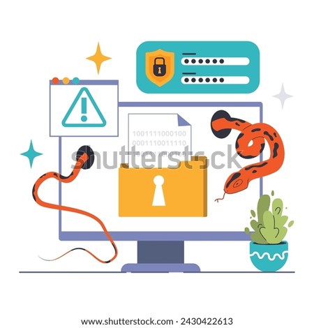 Computer worm threat depiction. Sinister malware sneaks into the system, bypassing security. Data compromise, hacking alert. Protect digital assets. Flat vector illustration