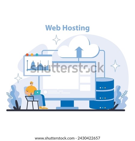 Internet services concept. Web Hosting. Reliable and scalable hosting services ensuring high uptime and performance. Essential infrastructure for websites and applications. Flat vector illustration.
