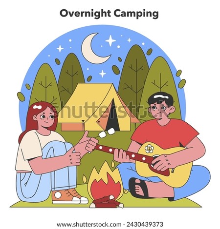 Moonlit Camping Experience. Campers sharing stories by the fire, under a starry sky, near a cozy tent. Nighttime bonding in the wilderness. Flat vector illustration