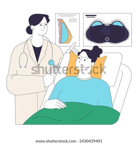 Gender transition. Gender-affirming breast augmentation. Trans woman discusses breast implant revision surgery with a surgeon. Supportive medical consultation. Flat vector illustration.