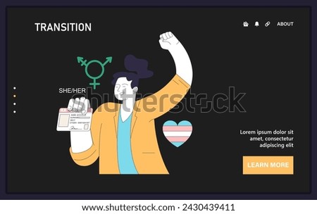 Gender transition web or landing. Gender identity affirmation. Empowered individual proudly displaying a new ID. Trans rights and identity. Flat vector illustration