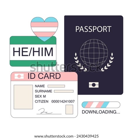 Gender transition. Gender identity affirmation. Empowerment of transgender man new ID and passport. Social transition. Trans rights and identity. Flat vector illustration
