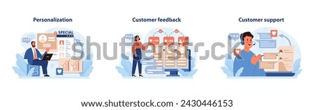 Consumer Engagement Illustration Set. Detailed depictions of personalization, feedback, and support in customer relations.