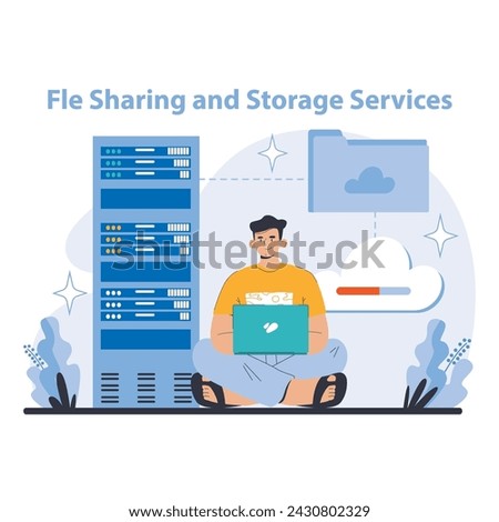 Cloud Services Concept. Streamlined file sharing and expansive storage solutions. Safe and accessible data management for users globally. Enhancing virtual workspace efficiency. Vector illustration