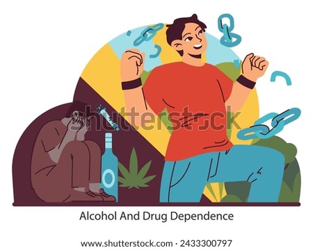 Substance Abuse Recovery. Contrasting the struggle of addiction with the path to recovery. The duality of substance dependency battles. Flat vector illustration.