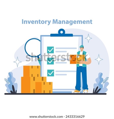 Inventory management concept. Illustrating meticulous inventory management and verification. Organized stock taking and data accuracy. Showcasing systematic warehouse operations. Vector illustration.