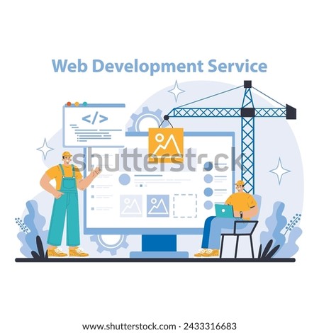 Internet services concept. Web Development Service. Building and coding advanced websites from the ground up. Expert developers crafting responsive and user-friendly interfaces. vector illustration.