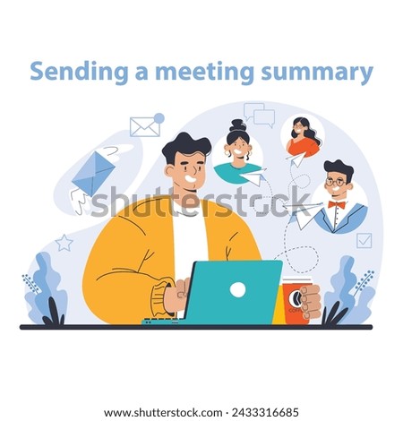 Meeting summary concept. Efficient dissemination of meeting outcomes through clear communication channels. Ensuring team alignment post-discussion. Flat vector illustration.