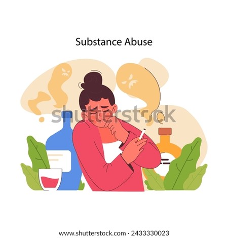 Substance abuse concept. Despondent young woman with substances, reflecting addictions weight and emotional toll. Stress, health problems, consequences of wrong life choices. Flat vector illustration.