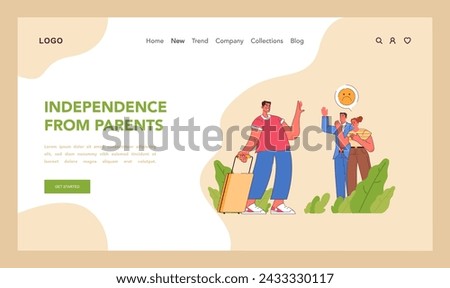 Leaving the Nest concept. A young adult departs for a new journey, signifying the pivotal moment of gaining independence from caring yet anxious parents. Flat vector illustration