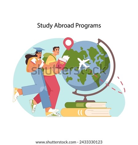 Global learning adventure. Eager international students with globe map and flying plane, symbolizing the exciting opportunities of study abroad programs. Education possibilities. Flat vector