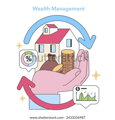 Wealth Management concept. Asset growth and investment portfolio balance. Property and savings in financial planning. Nurturing personal wealth. Flat vector illustration