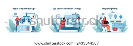 Eye Care Routine Vector Trio. Illustrations depict regular eye check-ups, UV ray protection, and ensuring proper lighting for eye health. Flat vector illustration.