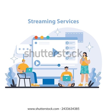 Streaming Service Concept. Dynamic content delivery and interactive media platforms. Users engaging with video streaming online. Personalized digital entertainment. Flat vector illustration.