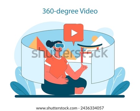 360-degree Video in Virtual Tourism. A person engrossed in panoramic views of iconic landmarks, enjoying a full-sensory travel experience. Vector illustration.