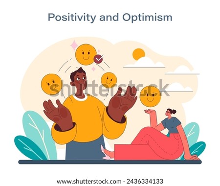 Positivity and optimism concept. A vibrant vector illustration that radiates cheerfulness and a positive outlook, featuring joyful characters and uplifting emotions. Vector illustration.