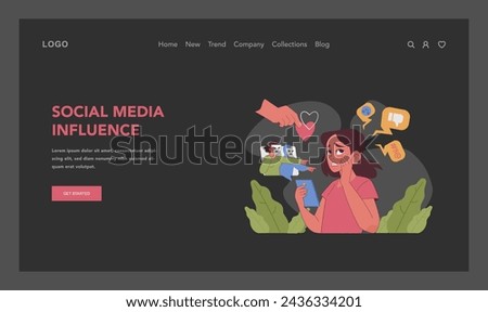 Social media impact dark or night mode web, landing. Distressed girl facing social media pressure by likes, comments, and criticism. Emotional influence, judgement and hate. Flat vector illustration