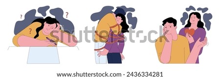 Human fears set. Scared characters confronting personal phobias. Frightened anxious person suffering from panic disorder. Psychological problem. Flat vector illustration