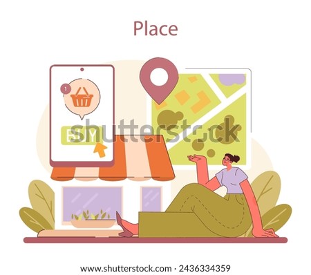 Distribution channel focus. Maximizing product reach with strategic placement. Digital and physical market integration. Flat vector illustration.