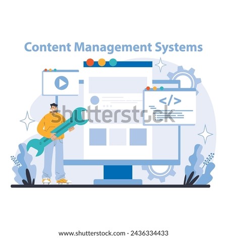 Internet services concept. Content Management Systems. Streamlined content creation and management for dynamic websites. Tools for easy editing and publishing. Flat vector illustration.