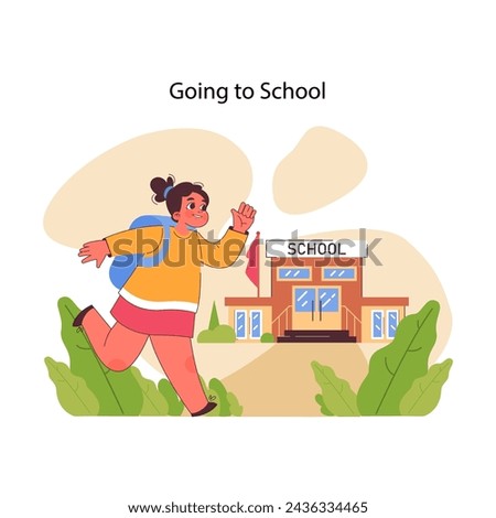 Going to school concept. Eager young girl, backpack on, dashes towards her school building, ready for a new day of learning. Morning routine. Child daily experience. Flat vector illustration