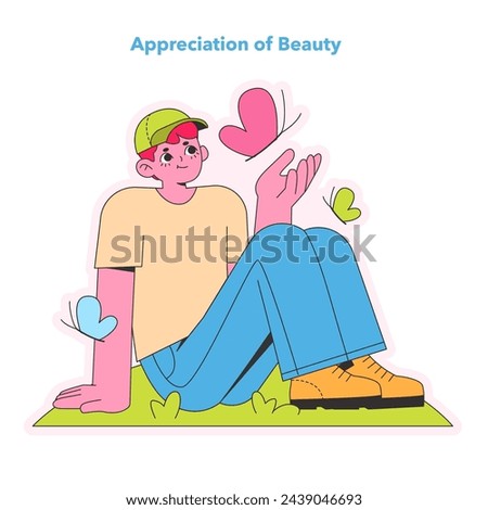 Appreciation of Beauty concept. Relaxed man in nature, marveling at the simplicity and allure of his surroundings. A moment of gratitude. Vector illustration