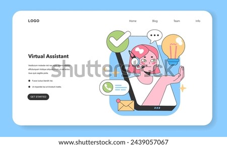 Virtual assistant emerges from smartphone screen, offering solutions and ideas. Handling calls, messages, and sparking creativity. Efficient multitasking on digital platforms. Flat vector illustration