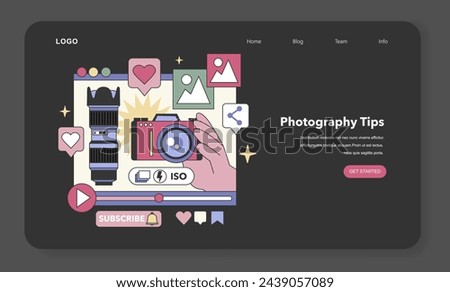 Photography Tips guide. Creative camera use, mastering shots with lens, flash, and settings. Enhancing visual storytelling, composition techniques. Flat vector illustration