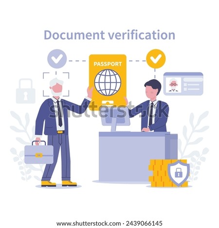 KYC concept. Document Verification. A focused scene on passport authentication, ensuring reliable identity checks for secure transactions. Flat vector illustration.