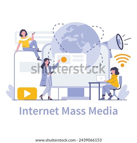 Internet Mass Media concept. A global network of digital communication, content sharing, and online engagement, portrayed through vibrant characters. Vector illustration.