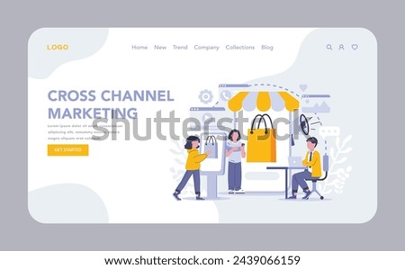 Cross Channel Marketing web or landing page. Synchronized brand presence across multiple platforms to enhance customer experience. Unified marketing strategy illustration. Vector illustration.